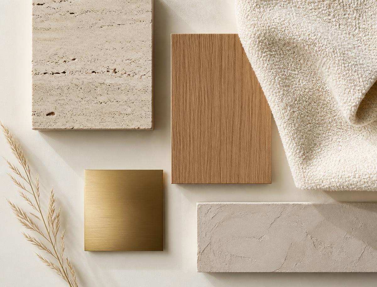 Material selection of travertine, oak veneer, bouclé fabric and brushed brass