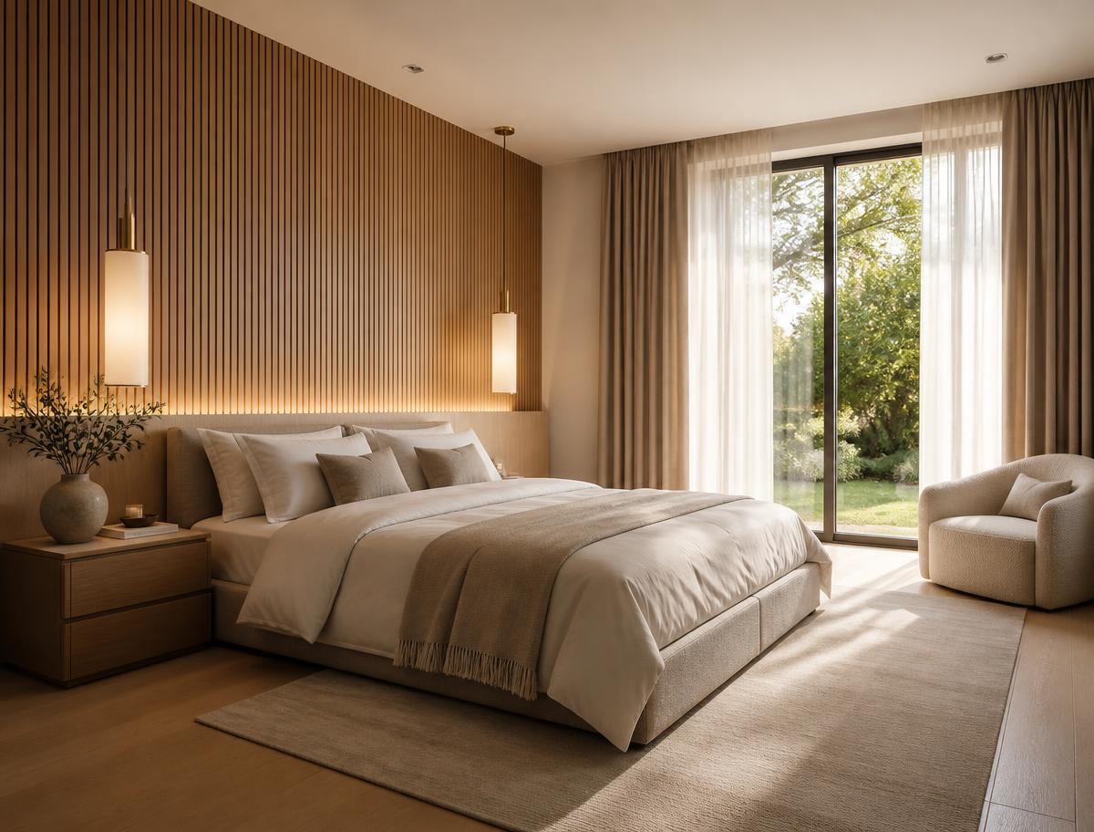 Photorealistic 3D render of a bedroom with oak slatted wall and linen bedding